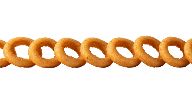Onion rings are lined up horizontally against a isolated background, showing their golden color and crispy texture.