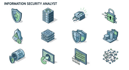 Isometric cybersecurity icons representing security measures