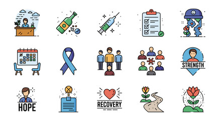 Collection of addiction recovery and mental health related icons