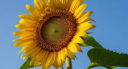 Bright yellow sunflower against a clear blue sky