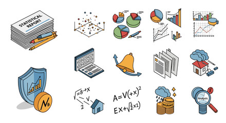 Isometric icons depicting business analysis and data reports