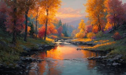 Fototapeta premium Serene Autumn Landscape with Vibrant Colors and Tranquil Water