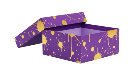 Open purple cardboard box displays golden paint splatter design, revealing the inner box surface.