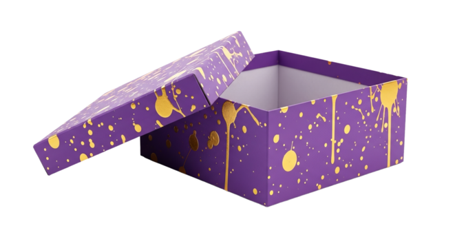 Open purple box features a decorative gold splatter design, creating an eye catching contrast.