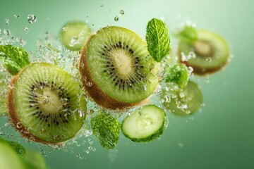 Fresh kiwi and cucumber slices create a refreshing burst of flavor in sparkling water