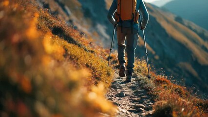 Adventurer with trekking poles hikes along a scenic mountain trail during golden hour, surrounded by vibrant autumn foliage. The warm sunlight highlights the rugged path and outdoor gear