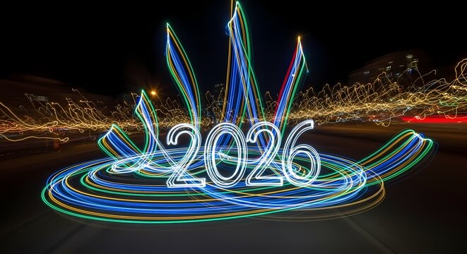 The year 2026 created with vibrant, swirling light trails using a long exposure photography technique at night.