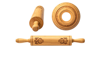 Fototapeta premium Wooden rolling pin and dough cutter duo, isolated on transparent background