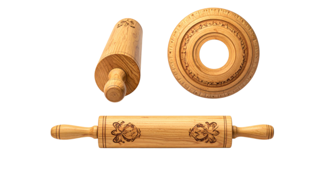  Wooden rolling pin and dough cutter duo, isolated on transparent background