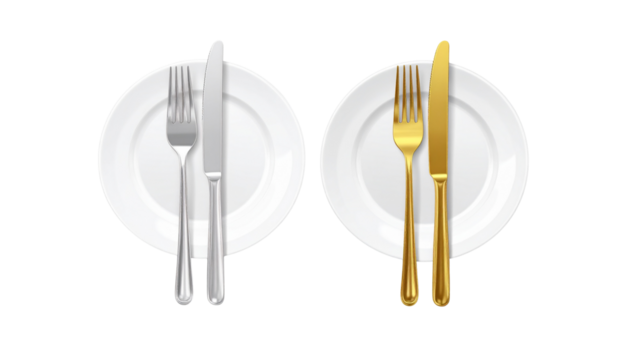 Plate with fork and knife bundle, isolated on transparent background