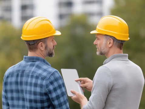 Two men wearing yellow hard hats are discussing project details outdoors, holding a tablet, surrounded by greenery and modern buildings, showcasing teamwork and collaboration in construction - Powered by Adobe
