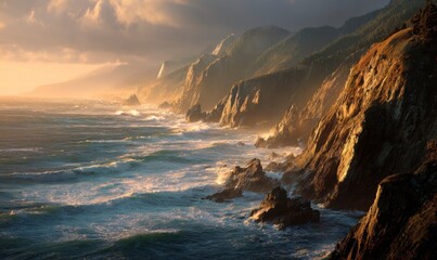Fototapeta premium Serene Sunset Over Rugged Coastline with Dramatic Cloudy Sky