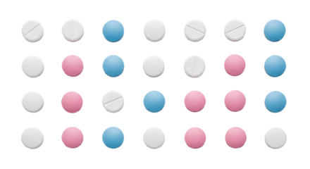 Pills are arranged in rows and columns, showing a pattern of , pink, and blue colors against a background.