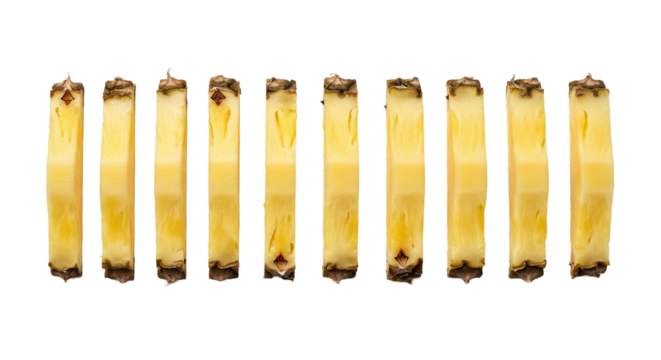 Pineapple sections are arranged in a row, displaying their yellow flesh and textured skin against a dark setting.