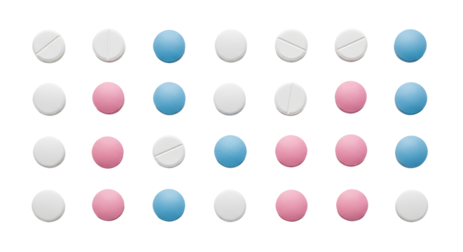 Pills are arranged in rows and columns, showing a pattern of , pink, and blue colors against a background.