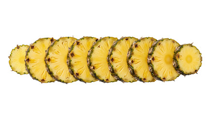 Naklejka premium Pineapple slices are arranged in a horizontal row, showing their yellow fruit and patterned rind.