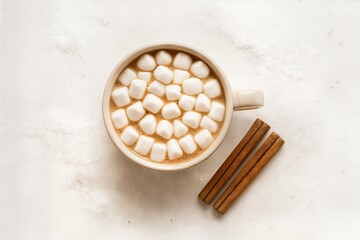 Cup of Hot Chocolate with Marshmallows and Cinnamon on White Background