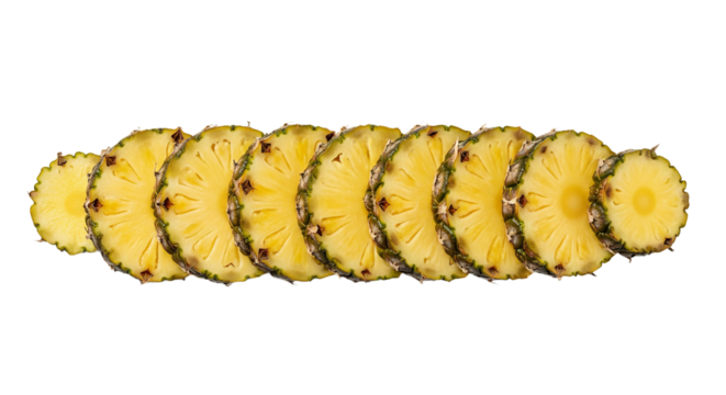 Pineapple slices are arranged in a horizontal row, showing their yellow fruit and patterned rind.
