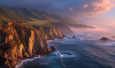 Serene Coastal Landscape at Sunset with Dramatic Cliffs and Waves