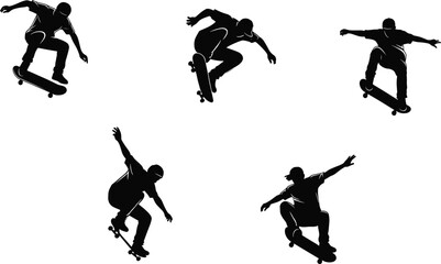 Skateboarder silhouettes performing aerial tricks, skateboarding vector illustration, extreme sport design, urban lifestyle artwork, dynamic movement action poses graphic