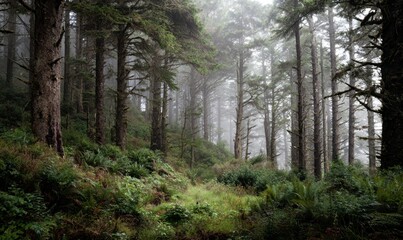 Obraz premium Misty Forest Scene with Lush Greenery and Tall Trees in Fog