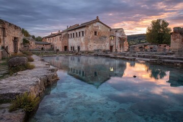 Fototapeta premium Bagno Vignoni: Historic Thermal Baths in the Charm of Tuscany, Italy - A Serene Spa Experience at Sunrise
