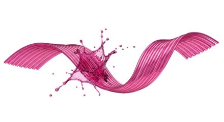 Pink liquid splashes upwards in a starburst shape while a pink ribbon flows horizontally across a background.