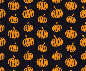 Golden pumpkins seamless chalk pattern. Halloween and thanksgiving background. Cute crayon elements for autumn holiday decor. Doodle orange icons with charcoal texture, vector illustration