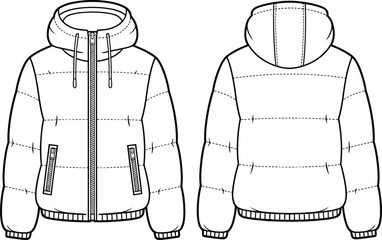 Cad drawing flat vector illustration, hooded puffer jacket front and back view, quilted design, fashion technical sketch, apparel template © Design_Pro