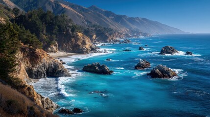 Obraz premium Stunning Views of the Northern California Coastline: Big Sur Beaches and azure Pacific Ocean Waves