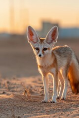 Fototapeta premium Fennec fox stands gracefully in the golden sands at sunset in a serene desert landscape