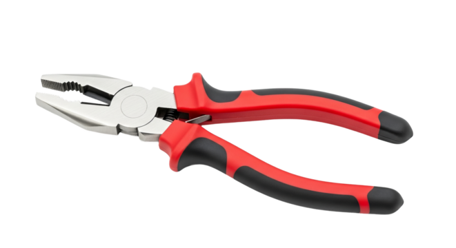 Pliers are shown partially open with red and handles against a dark . - high quality Pliers are shown partially open with red and handles against a da