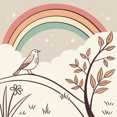 Fototapeta premium Whimsical Hand-Drawn Landscape with a Bird and Rainbow