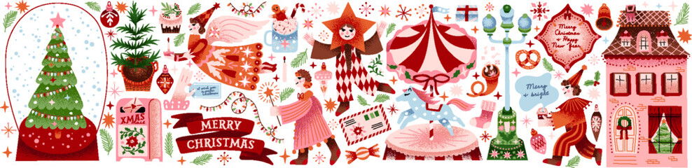 Whimsical vintage Christmas  illustration with festive characters, carousel with a horse, snow globe, arlequin, letter, carnival, postbox, house, gift, tree. Retro holiday art for greeting card, iсons