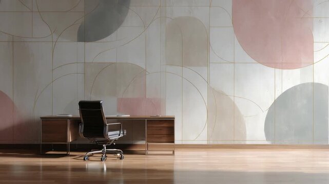 Modern minimalist office interior with elegant wooden desk, black chair, and abstract geometric wall art. Stylish workspace design blending soft pastel tones and contemporary aesthetics