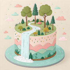 A magical floating island cake adorned with waterfalls and trees