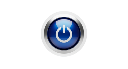 Power button symbol glows blue with a symbol encased in a metallic silver ring on a solid background.