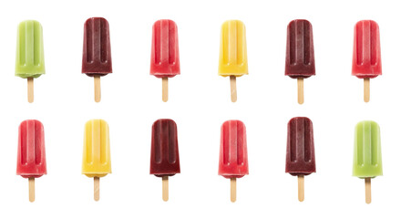 Popsicles are displayed in rows and columns with various colors against a isolated background.