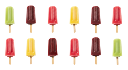 Popsicles are displayed in rows and columns with various colors against a isolated background.