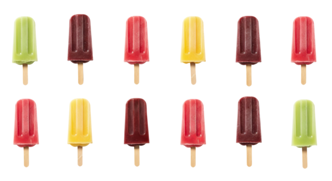 Popsicles are displayed in rows and columns with various colors against a isolated background.