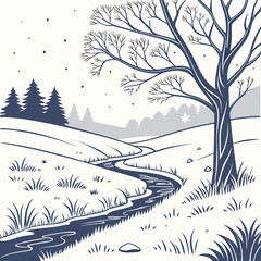 Stylized Winter Landscape with a Winding Stream and Bare Tree