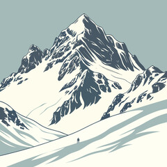 Winter mountain landscape illustration with a lone adventurer
