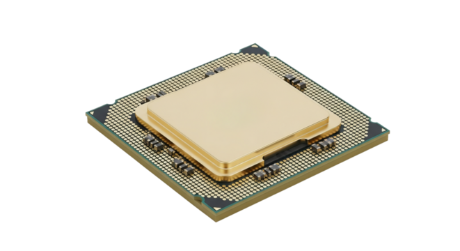 Processor sits at an angle showcasing gold heat spreader and pin connections with a isolated background.