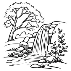 Serene Waterfall Landscape Coloring Page Illustration