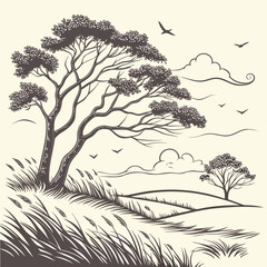 Classic Engraving Style Landscape with Trees and Birds