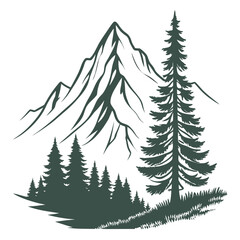 Monochrome Mountain Peak and Evergreen Forest Scene