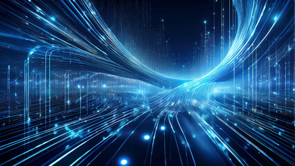 Fototapeta premium A glowing quantum computing data stream, intertwined into complex dendritic structures in a deep blue virtual space.