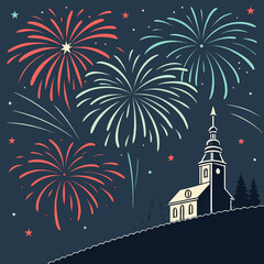 Colorful Holiday Fireworks Bursting Over a Quaint Church