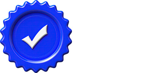 Blue verified badge with white check mark, 3d approval symbol concept, Quality certification icon design