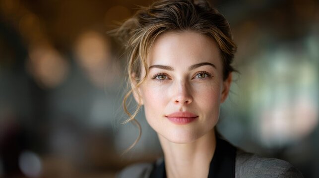Close-up portrait of a young woman with blonde hair. she is looking directly at the camera with a slight smile on her face. her hair is styled in loose waves and falls over her shoulders.